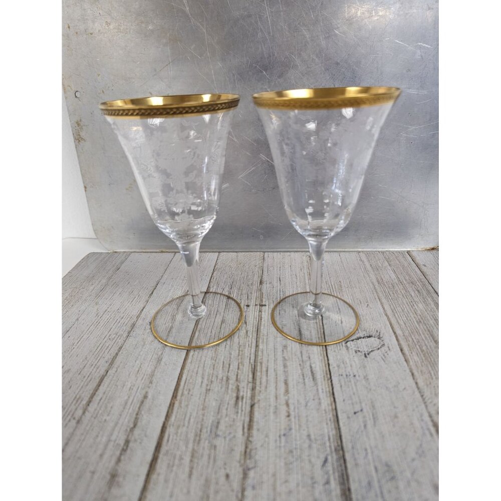 Vintage Tiffin Franciscan Etched Wine Glasses Set Of 2 Bouquet Gold Trim Goblet